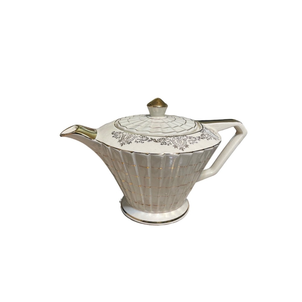 Vintage Sadler England Cream Gold Gilded Teapot Art Deco Embossed Weave 2113